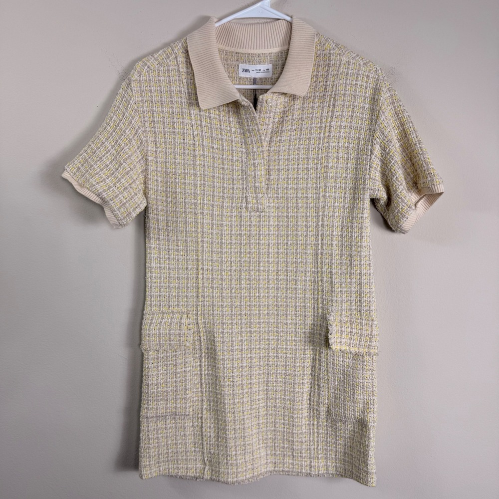 Zara Kids Girls Yellow Cream Tweed Boucle Polo Dress Size 11-12 NWT